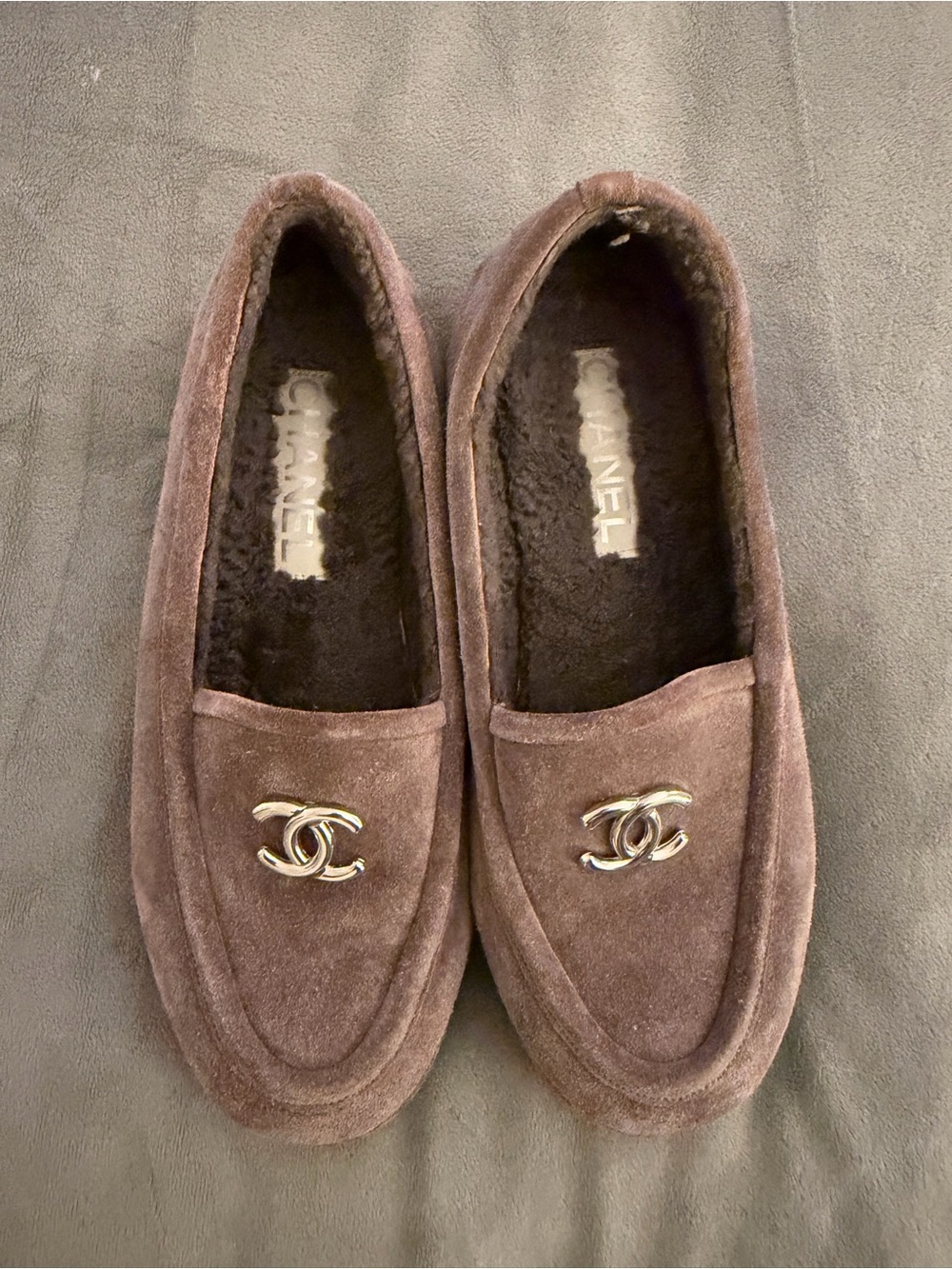 CHANEL Brown Suede Loafers with Silver CC Logo